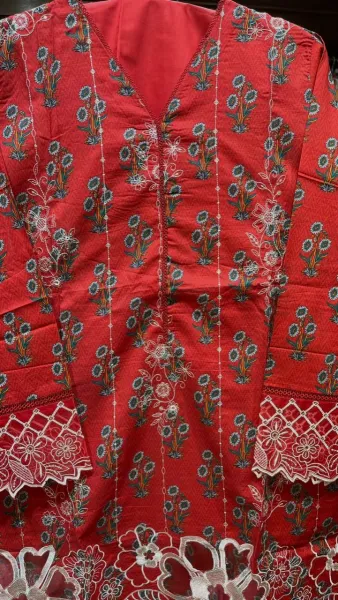 Pakistani Original Bin saeed Stitched Cotton 3pcs_Red